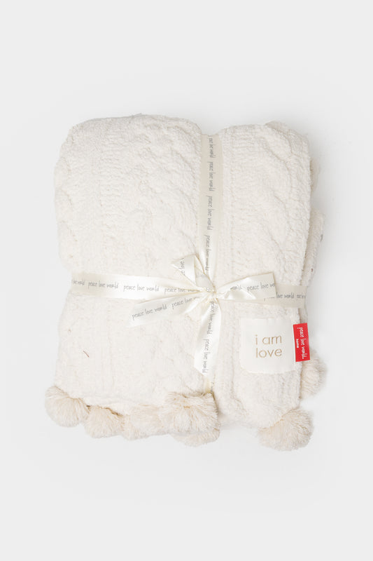 Pom Pom Cable Knit Blanket