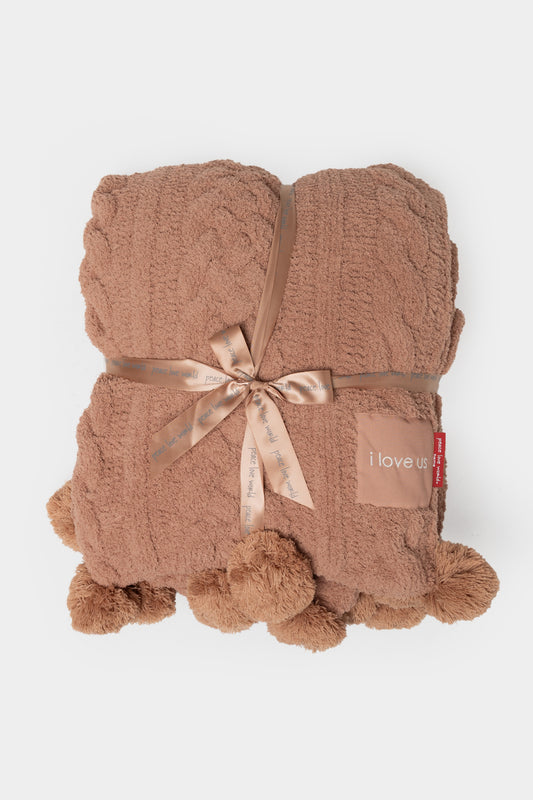 Pom Pom Cable Knit Blanket