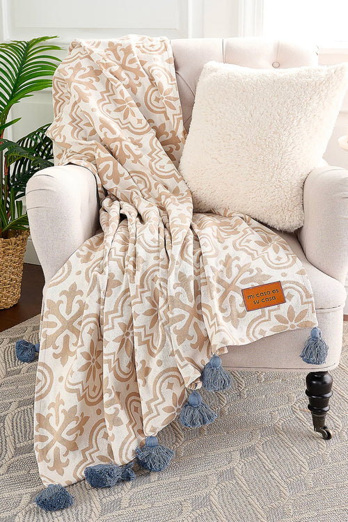 woven cotton jacquard throw with tassels